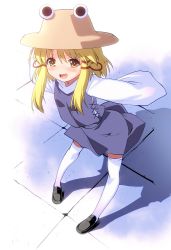 Rule 34 | 1girl, blonde hair, dress, female focus, full body, hair ribbon, hat, leaning forward, long sleeves, moriya suwako, okina ika, open mouth, outstretched arms, ribbon, sleeves past wrists, smile, solo, spread arms, standing, thighhighs, touhou, white thighhighs, yellow eyes, zettai ryouiki