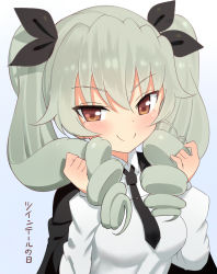 Rule 34 | 10s, 1girl, anchovy (girls und panzer), blush, cape, drill hair, girls und panzer, green hair, hair ribbon, jacket, jacket on shoulders, kemu (guruguru dan), long hair, looking at viewer, military, necktie, red eyes, ribbon, school uniform, smile, solo, twin drills, twintails, twintails day