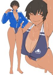 Rule 34 | 1girl, absurdres, armpits, barefoot, blue jacket, blue one-piece swimsuit, breasts, brown eyes, brown hair, cleavage, closed mouth, coach, competition school swimsuit, curvy, dark-skinned female, dark skin, flat color, full body, grin, gym teacher, half-closed eyes, halterneck, hand on own hip, highres, holding, holding whistle, huge breasts, jacket, looking at viewer, narrow waist, one-piece swimsuit, one-piece tan, one eye closed, original, puzenketsu, school swimsuit, short hair, simple background, smile, swimsuit, swimsuit under clothes, tan, tanline, thighs, toes, track jacket, waan (puzenketsu), wet, whistle, whistle around neck, white background, wide hips