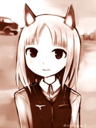 Rule 34 | 10s, 1girl, animal ears, bad id, bad twitter id, brave witches, car, edytha rossmann, fox ears, long hair, looking at viewer, military, military uniform, monochrome, motor vehicle, ninomae01, sepia, smile, solo, strike witches, twitter username, uniform, upper body, vehicle, vest, world witches series