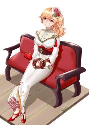 Rule 34 | 1girl, absurdres, animal, animal on lap, artist name, azur lane, bag, blonde hair, cat, cat on lap, center frills, commentary, couch, english commentary, flower, frills, handbag, hat, hat flower, highres, japanese clothes, kimono, long hair, mini hat, musanix, off shoulder, on lap, purple eyes, red flower, red footwear, red rose, richelieu (azur lane), richelieu (evergreen prophecy) (azur lane), rose, solo, tilted headwear, white background, white kimono, wooden floor