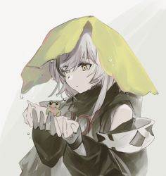 Rule 34 | 1girl, animal, arknights, black shirt, cheonyeon-hi, frog, gloves, goggles, goggles on headwear, green hair, grey background, grey gloves, grey hair, highres, holding, holding animal, lily pad, long sleeves, looking at animal, multicolored hair, object on head, partially fingerless gloves, shirt, short hair, simple background, solo, streaked hair, tomimi (arknights), yellow eyes