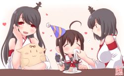 Rule 34 | 10s, 3girls, :3, :d, ahoge, bare shoulders, black hair, brown hair, cake, closed mouth, commentary request, dated, detached sleeves, closed eyes, food, fork, fusou (kancolle), hair ornament, hat, heart, highres, kanon (kurogane knights), kantai collection, long hair, multiple girls, nontraditional miko, open mouth, party hat, shigure (kancolle), short hair, smile, the yuudachi-like creature, wide sleeves, wiping mouth, yamashiro (kancolle), aged down, | |