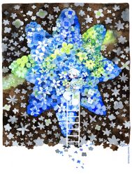 Rule 34 | 1boy, artist name, blue eyes, commentary, english commentary, flower, green flower, holding, holding flower, ladder, looking at viewer, maruti bitamin, original, painting (medium), pants, shirt, short hair, star (symbol), too many flowers, traditional media, watercolor (medium), white flower, white hair, white pants, white shirt