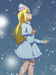 Rule 34 | 1girl, alternate costume, blonde hair, blue eyes, blush, cato (monocatienus), coat, commentary request, fur-trimmed coat, fur-trimmed sleeves, fur trim, hat, lily white, long hair, looking away, looking up, profile, snow, snowing, solo, touhou, winter clothes, winter coat