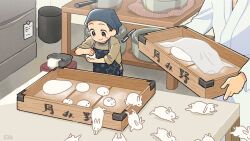 Rule 34 | 1boy, 1girl, apron, blush, brown eyes, brown hair, brown shirt, closed mouth, cooking pot, dough, dumpling, food, highres, holding, holding food, indoors, kitchen, kojiro337, long sleeves, looking at object, magnet, note, original, print apron, rabbit, shirt, sleeves rolled up, smile, table, transformation, wooden table