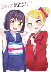 Rule 34 | 2018, 2girls, :d, atg (wttoo0202), black hair, blonde hair, blue eyes, blue kimono, blush, bow, commentary request, folded fan, folding fan, green eyes, hair bow, hair bun, hair ornament, hairclip, hand fan, hands up, happy new year, head tilt, holding, holding fan, japanese clothes, kimono, long sleeves, looking at viewer, multiple girls, new year, obi, open mouth, original, parted bangs, purple bow, rabbit hair ornament, red kimono, sash, short kimono, simple background, single hair bun, smile, teeth, translation request, upper teeth only, v-shaped eyebrows, white background, wide sleeves