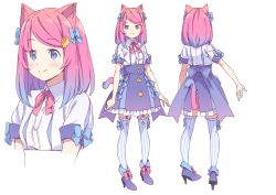 Rule 34 | 1girl, animal ears, ankle boots, blue eyes, boots, bow, cat ears, cat tail, collage, commentary request, frilled skirt, frills, full body, garter straps, gradient hair, gradient tail, hair bow, hair ornament, hair ribbon, hairclip, high heel boots, high heels, kanzaki hiro, medium hair, multicolored hair, multiple views, neck ribbon, original, pink hair, ribbon, short sleeves, skirt, striped clothes, striped thighhighs, tail, thighhighs, vertical-striped clothes, vertical-striped thighhighs
