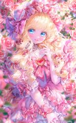 Rule 34 | 1girl, absurdres, blonde hair, blue eyes, blurry, blush, bow, bowtie, choker, closed mouth, commentary, dress, english commentary, fingerless gloves, fingernails, flower, frilled choker, frills, gem, gloves, hair bow, hairband, hand up, heart, highres, jewelry, leaf, light, lolita hairband, long fingernails, long hair, looking up, necklace, onene, original, pearl necklace, pink bow, pink bowtie, pink dress, pink flower, pink hairband, pink rose, puffy short sleeves, puffy sleeves, red bow, ring, rose, short sleeves, smile, solo, sparkle, sunlight, teeth, wavy hair, white choker, white dress, wrist cuffs