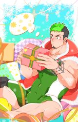 Rule 34 | 1boy, absurdres, bara, black hair, blush, box, bulge, christmas, covered navel, crossed legs, crow (siranui), dark-skinned male, dark skin, facial hair, feet out of frame, gift, gift box, goatee, green hair, highres, ikusaba daisuke, male focus, multicolored hair, muscular, muscular male, pectoral cleavage, pectorals, santa costume, short hair, sideburns, skin tight, solo, taurus mask, thighs, tokyo houkago summoners, two-tone hair, wrestling mask, wrestling outfit