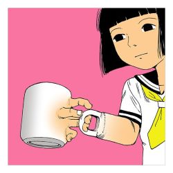 Rule 34 | black eyes, black hair, border, cup, matching hair/eyes, mug, pink background, simple background, source request, what, white border