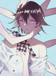 Rule 34 | 10s, 1boy, androgynous, assisted exposure, bad id, bad pixiv id, black hair, blue background, blush, buttons, checkered clothes, checkered scarf, chocolate (jitong), collarbone, danganronpa (series), danganronpa v3: killing harmony, eyelashes, highres, looking at viewer, male focus, oma kokichi, purple eyes, scarf, short hair, simple background, solo, straitjacket, undressing