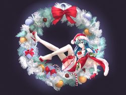 Rule 34 | 1girl, aqua hair, aztodio, black background, blue eyes, boots, bow, candy, candy cane, cape, christmas ornaments, dress, earrings, eirika (fire emblem), fire emblem, fire emblem: the sacred stones, fire emblem heroes, food, full body, fur trim, hair between eyes, hat, high heel boots, high heels, highres, jewelry, long hair, nintendo, parted lips, platform footwear, pom pom (clothes), red bow, red hat, santa costume, santa hat, simple background, solo, stiletto heels, thigh boots, thighhighs, white thighhighs
