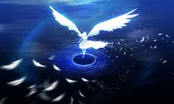 Rule 34 | 1girl, angel wings, artist request, blue theme, dress, feathers, floating, glowing, long hair, monochrome, ocean, original, reflection, solo, solo focus, source request, water, wings