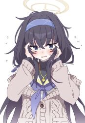 Rule 34 | 1girl, black hair, blue archive, blue eyes, blue hairband, blue neckerchief, blush, brown cardigan, cardigan, hair between eyes, hairband, halo, ixy, jewelry, long hair, looking at viewer, neckerchief, necklace, open mouth, school uniform, serafuku, simple background, solo, ui (blue archive), white background, yellow halo