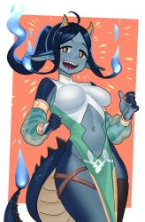 Rule 34 | 1girl, absurdres, ahoge, bad id, bad twitter id, black hair, blue fire, blue skin, breasts, breasts apart, clothing cutout, colored skin, commission, cowboy shot, detached sleeves, fire, hands up, highres, horns, impossible clothes, long hair, monster girl, nia (nia4294), open mouth, original, pointy ears, ponytail, red background, sharp teeth, smile, solo, stomach cutout, tail, teeth