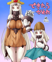 Rule 34 | 10s, 2girls, abyssal ship, adapted costume, ahoge, alternate color, alternate costume, armpits, arms up, bare shoulders, blush, breasts, brown eyes, claws, covered erect nipples, covered mouth, detached sleeves, dress, fuyu mi, gradient background, hat, holding, horns, huge breasts, kantai collection, long hair, looking at viewer, mittens, multiple girls, northern ocean princess, pale skin, red eyes, ribbed dress, seaport princess, sideboob, single horn, sun hat, suspenders, sweat, tomato, translation request, waving, white hair