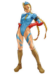 Rule 34 | 1girl, ahoge, arm at side, between breasts, blonde hair, blue eyes, blue hat, blue leotard, bodypaint, boots, braid, breasts, brown footwear, cammy white, elbow gloves, elbow pads, facial scar, fingerless gloves, full body, garrison cap, gloves, grey eyes, hair over one eye, hand on own hip, hat, highleg, highleg leotard, highres, huge ahoge, knee boots, leotard, long braid, long hair, medium breasts, mouth hold, necktie, necktie between breasts, red gloves, ribbed leotard, scar, scar on cheek, scar on face, shoulder pads, single elbow pad, solo, stalk in mouth, standing, street fighter, street fighter zero (series), toned, twin braids, white background, xfiro, yellow necktie