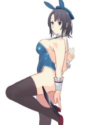 Rule 34 | 1girl, animal ears, black hair, black thighhighs, blue hat, blue leotard, breasts, detached collar, fake animal ears, hat, highres, kantai collection, large breasts, leg up, leotard, looking at viewer, parted lips, playboy bunny, rabbit ears, red eyes, rudder footwear, shishanmo, short hair, simple background, solo, takao (kancolle), thighhighs, white background, wrist cuffs