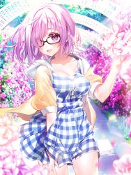 Rule 34 | 1girl, :d, bad id, bad pixiv id, black-framed eyewear, blush, breasts, cleavage, collarbone, cowboy shot, dajyu, day, dress, fate/grand order, fate (series), floating hair, flower, long hair, looking at viewer, mash kyrielight, mash kyrielight (senpai killer outfit), medium breasts, official alternate costume, open mouth, outdoors, pink flower, pink hair, purple eyes, purple flower, short dress, smile, solo, standing, sundress