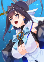Rule 34 | 1girl, black hair, blue eyes, bow, bow earrings, breasts, chain, chain headband, clothing cutout, covered erect nipples, detached sleeves, earrings, hair intakes, highres, hololive, hololive english, jewelry, large breasts, open mouth, ouro kronii, sailor collar, smile, solo, tongue, underboob, underboob cutout, upper body, virtual youtuber, zabudog777
