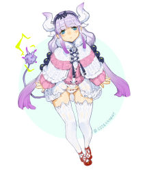 Rule 34 | 10s, 1girl, beads, blue eyes, blunt bangs, blush, bow, capelet, codename47, dragon girl, dragon horns, dragon tail, dress, frilled capelet, frills, gradient hair, hair beads, hair bow, hair ornament, hairband, highres, horns, kanna kamui, kobayashi-san chi no maidragon, light purple hair, long hair, long sleeves, looking at viewer, low twintails, microdress, multicolored hair, panties, purple hair, shoes, sidelocks, simple background, solo, tail, thighhighs, twintails, twitter username, underwear, white thighhighs