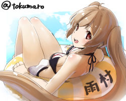 Rule 34 | 10s, 1girl, ahoge, bare shoulders, breasts, character name, cloud, innertube, kantai collection, light brown hair, long hair, looking at viewer, looking back, lying, murasame (kancolle), on back, open mouth, red eyes, reflection, smile, solo, swim ring, swimsuit, tokumaro, twintails, twitter username, very long hair, water