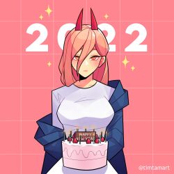 Rule 34 | 1girl, absurdres, birthday cake, blue jacket, cake, chainsaw man, cross-shaped pupils, food, grin, hair between eyes, highres, holding, holding cake, holding food, horns, jacket, long hair, looking at viewer, off shoulder, pink background, pink hair, power (chainsaw man), red horns, shirt, simple background, smile, solo, symbol-shaped pupils, timtam, twitter username, white shirt, yellow eyes