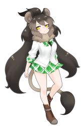 Rule 34 | 10s, 1girl, animal ear fluff, animal ears, black hair, boots, brown hair, full body, fur collar, ise (0425), kemono friends, lion (kemono friends), long hair, looking at viewer, multicolored hair, plaid, plaid neckwear, plaid skirt, plaid trim, pleated skirt, shirt, simple background, skirt, solo, tail, unmoving pattern, very long hair, white background, white shirt, yellow eyes