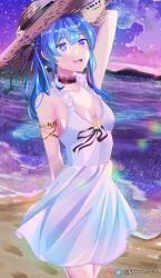 Rule 34 | 1girl, absurdres, alternate costume, armlet, bare shoulders, beach, black choker, blue eyes, blue hair, choker, cloud, commentary, dress, earrings, hair ribbon, hat, highres, hololive, hoshimachi suisei, jewelry, knowname, long hair, medium hair, mountain, ocean, open mouth, outdoors, ribbon, sand, sky, smile, solo, star (sky), star (symbol), star earrings, star in eye, starry sky, straw hat, sundress, symbol in eye, twitter username, virtual youtuber, water, white dress