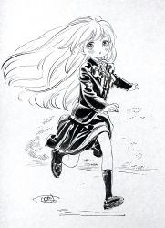 Rule 34 | 1girl, akebi-chan no serafuku, blush, bush, character request, child, full body, greyscale, highres, hiro (dismaless), jacket, kneehighs, loafers, long hair, looking at viewer, midair, monochrome, neck ribbon, outdoors, ribbon, running, scan, school uniform, shoes, signature, skirt, socks, solo, traditional media