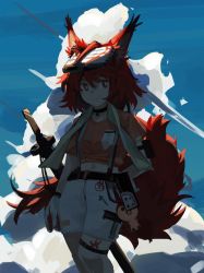 Rule 34 | 1girl, ahoge, animal ears, arknights, arm behind back, arm strap, black choker, blue background, choker, crop top, feet out of frame, flametail (arknights), flametail (sport for all) (arknights), gloves, hair between eyes, head-mounted display, highres, looking at viewer, mechanical owl, navel, official alternate costume, orange shirt, red eyes, red hair, scabbard, sheath, shirt, short hair, shorts, smile, solo, squirrel ears, squirrel girl, squirrel tail, suspender shorts, suspenders, sword, tail, thigh strap, visor lift, weapon, white gloves, white shorts