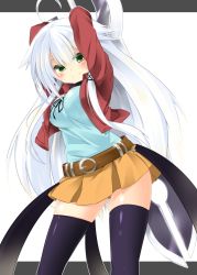 Rule 34 | 1girl, ahoge, anceril sacred, arms up, belt, black thighhighs, blade, blush, dodome-iro mayonnaise, green eyes, hair ornament, jacket, letterboxed, long hair, o/, original, outside border, outstretched arms, red jacket, silver hair, skirt, smile, solo, thighhighs, weapon, zettai ryouiki
