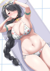 Rule 34 | 1girl, arms up, bare arms, bare legs, bare shoulders, bikini, black hair, blue archive, blush, braid, breasts, collarbone, commentary request, floral print, hair over one eye, halterneck, highres, hinata (blue archive), hinata (swimsuit) (blue archive), large breasts, long hair, looking at viewer, lying, navel, on back, red eyes, side-tie bikini bottom, single braid, solo, stomach, string bikini, swimsuit, takomeshi