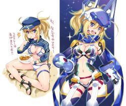 Rule 34 | 1girl, ahoge, artoria pendragon (fate), bikini, blonde hair, blue eyes, blush, breasts, cleavage, commentary request, curry, curry rice, eating, fate/grand order, fate (series), food, hat, mecha musume, medium breasts, mysterious heroine x (fate), mysterious heroine xx (fate), mysterious heroine xx (second ascension) (fate), navel, open mouth, ponytail, rice, round teeth, sandals, scarf, shinozuka atsuto, shrug (clothing), sitting, solo, swimsuit, teeth, thighlet, translation request, white bikini