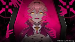 Rule 34 | 1girl, black choker, choker, commentary request, company name, disembodied hand, eye (vocaloid), fingernails, head wings, hololive, holox, looking at viewer, nail polish, official art, open mouth, own hands clasped, own hands together, pink hair, saki masaki, smile, solo, takane lui, takane lui (1st costume), virtual youtuber, vocaloid, wing collar, wings, yellow eyes
