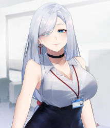 Rule 34 | 1girl, absurdres, alternate costume, armpits, azuri909, bare shoulders, black skirt, blue eyes, breasts, contemporary, genshin impact, hair over one eye, highres, id card, large breasts, light smile, long hair, name tag, office lady, pencil skirt, see-through, shenhe (genshin impact), simple background, skirt, solo, upper body, white hair