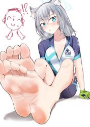 Rule 34 | 1girl, absurdres, animal ears, barefoot, blue archive, blue eyes, blush, feet, foot focus, grey hair, halo, highres, kzmt 6564, long hair, looking at viewer, open clothes, parted lips, shiroko (blue archive), soles, steam, toes