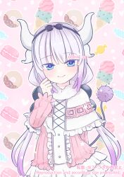 Rule 34 | 1girl, absurdres, arm behind back, artist name, beads, blue eyes, blush, candy, candy wrapper, cowboy shot, doughnut, dragon girl, dragon horns, dress, english text, food, gradient hair, hair beads, hair ornament, heart, highres, horns, ice cream, ice cream cone, kanna kamui, kobayashi-san chi no maidragon, long hair, long sleeves, macaron, mik ami, multicolored hair, outline, pink background, pink dress, puffy sleeves, purple hair, smile, solo, sprinkles, standing, star (symbol), tail, white outline, wrapped candy