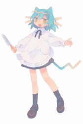 Rule 34 | 1girl, :d, absurdres, animal ears, apron, black ribbon, blue hair, brown footwear, cat ears, cat girl, cat tail, daizu (melon-lemon), full body, highres, holding, jitome, knife, long sleeves, looking at viewer, mary janes, neck ribbon, open mouth, original, outstretched arms, pleated skirt, puffy sleeves, ribbon, shoes, simple background, skirt, smile, socks, solo, tail
