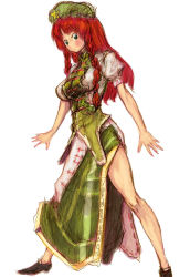 Rule 34 | 1girl, binayu, blush, braid, female focus, full body, green hat, hat, hong meiling, legs apart, long hair, looking at viewer, puffy short sleeves, puffy sleeves, red hair, shoes, short sleeves, side slit, simple background, solo, standing, star (symbol), thighs, touhou, twin braids, white background