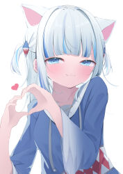 Rule 34 | 1girl, :3, absurdres, animal ears, blue eyes, blue hair, blue hoodie, blunt bangs, blush, breasts, cat ears, closed mouth, commentary, extra ears, fang, fang out, gawr gura, gawr gura (1st costume), gradient sleeves, grey hair, hair ornament, heart, heart hands, highres, hololive, hololive english, hood, hood down, hoodie, long hair, long sleeves, looking at viewer, multicolored hair, shark hair ornament, skin fang, small breasts, smirk, smug, solo, streaked hair, symbol-only commentary, two side up, uica, upper body, virtual youtuber, white background, wide sleeves