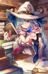 Rule 34 | 1girl, blue hair, book, breasts, bug, butterfly, chain, cleavage, desk, detached sleeves, dress, fairy godmother (grimms echoes), gem, grimms echoes, hair between eyes, hat, insect, jewelry, large breasts, long hair, looking at viewer, magnifying glass, makihitsuji, official art, one eye closed, paper, quill, red eyes, smile, solo, white dress, witch hat