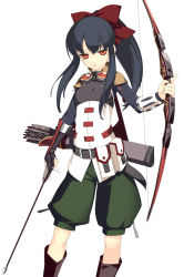 Rule 34 | 1girl, arrow (projectile), black hair, bow, bow (weapon), breasts, etrian odyssey, goggles, goggles around neck, hair bow, highres, long hair, quiver, red eyes, rokuwata tomoe, sekaiju no meikyuu, sekaiju no meikyuu 4, shorts, simple background, skin tight, small breasts, sniper (sekaiju), solo, weapon