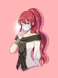 Rule 34 | 1girl, anna (fire emblem), blush, collarbone, commentary, english commentary, finger to cheek, fire emblem, fire emblem: three houses, hair between eyes, hand up, highres, index finger raised, lishiori, long hair, looking at viewer, mask, mouth mask, nintendo, one eye closed, pink background, ponytail, red eyes, red hair, shirt, simple background, solo, surgical mask, upper body, very long hair