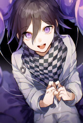 Rule 34 | 1boy, ayacho mato, balloon, birthday, checkered clothes, checkered scarf, commentary request, danganronpa (series), danganronpa v3: killing harmony, highres, holding, holding balloon, looking at viewer, looking up, open mouth, oma kokichi, partial commentary, purple eyes, purple hair, scarf, short hair, solo, straitjacket, teeth, upper teeth only