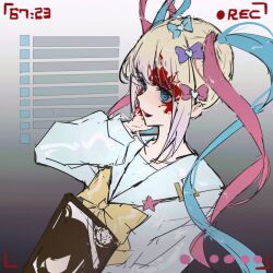 Rule 34 | 1girl, ame-chan (needy girl overdose), blonde hair, blood, blood on face, blue bow, blue eyes, blue hair, blue shirt, bow, chouzetsusaikawa tenshi-chan, hair bow, hair ornament, hand on own face, iei, jingmang, long hair, long sleeves, looking ahead, multicolored hair, needy girl overdose, open mouth, photo (object), pink bow, pink hair, purple bow, quad tails, recording, sailor collar, school uniform, serafuku, shirt, smile, solo, twintails, unfinished, upper body, yellow bow