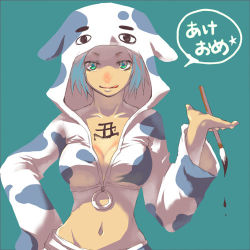 Rule 34 | 1girl, :q, animal costume, animal print, bad id, bad pixiv id, blue eyes, blue hair, breasts, calligraphy brush, cleavage, cow costume, cow girl, cow print, crop top, hood, kirino moegi, large breasts, lowres, matching hair/eyes, midriff, navel, o-ring, o-ring top, original, paint, paintbrush, simple background, solo, tongue, tongue out, translated, wide sleeves