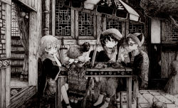 Rule 34 | 2boys, 2girls, absurdres, closed mouth, couch, facing away, greyscale, hat, high heels, highres, indoors, looking at another, monochrome, multiple boys, multiple girls, original, parted lips, revision, scarf, scenery, short hair, sitting, translation request, umbrella, usio ueda