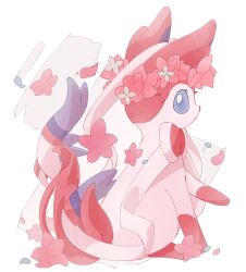Rule 34 | animal focus, blue eyes, bright pupils, commentary request, creatures (company), flower, game freak, gen 6 pokemon, hair flower, hair ornament, highres, looking back, nintendo, no humans, pink flower, pokemon, pokemon (creature), prehensile ribbon, simple background, sitting, soke sa, sylveon, white background, white fur